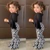 Leopard Print Fashion Girl Clothes Set T-shirt Tops+ Bell-bottomed Pants Flared Pants Outfits Kids  Girls Casual Set
