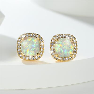 Lindos Pendientes de Tuerca de Ópalo de Fuego Verde Blanco para Mujer Color Oro Amarillo Vintage Boda Para Mujeres