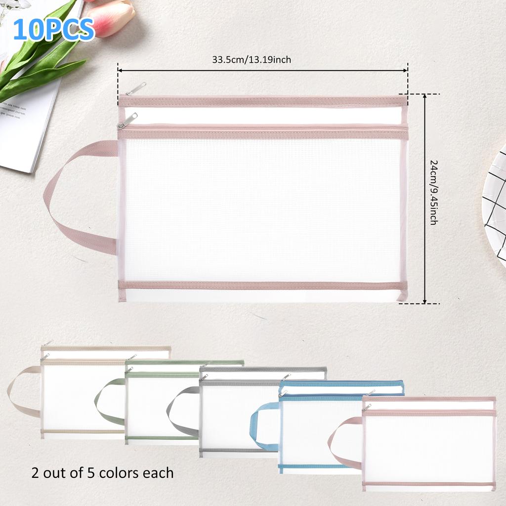 10 Pcs Mesh Zipper Pouch Bag with Handle Double Layer Mesh Zipper Pouch Breathable A4 Zip Bag for Toy Storage and Organization