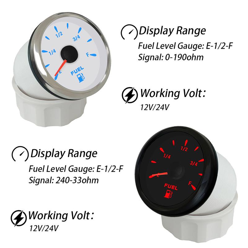 ELING 52mm Fuel Level Gauge 0-190ohm 240-33ohm Signal Fuel Tank Level Meter with 7 Colors Backlight for Car SUV Boats