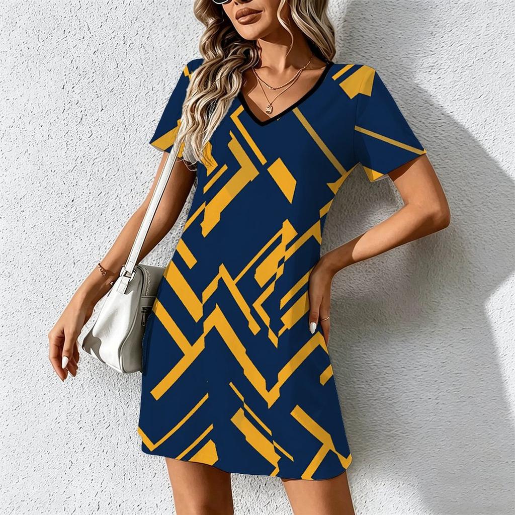 Summer Fashion Women's V Neck Short Sleeve Abstract Pattern  Printed  Dress Sex Short Skirt Dresses