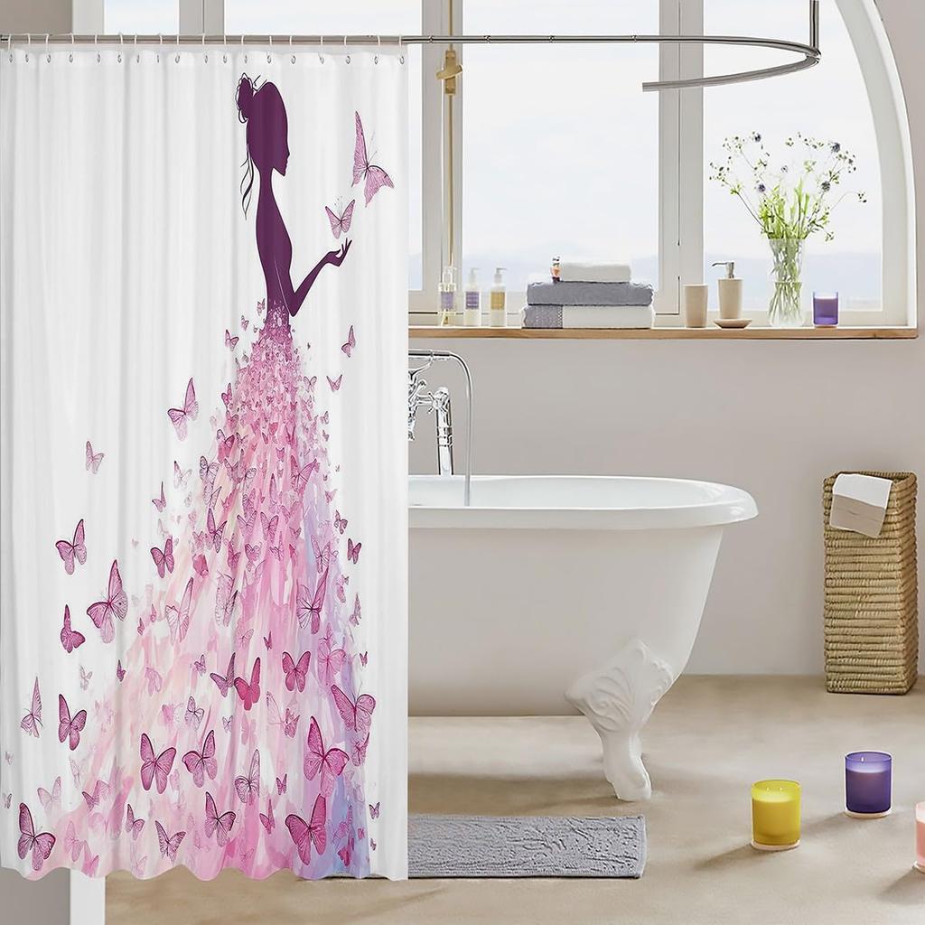 Butterfly Princess Shower Curtain Pink Silhouette Art Romantic Bathroom Decor Linen180X210