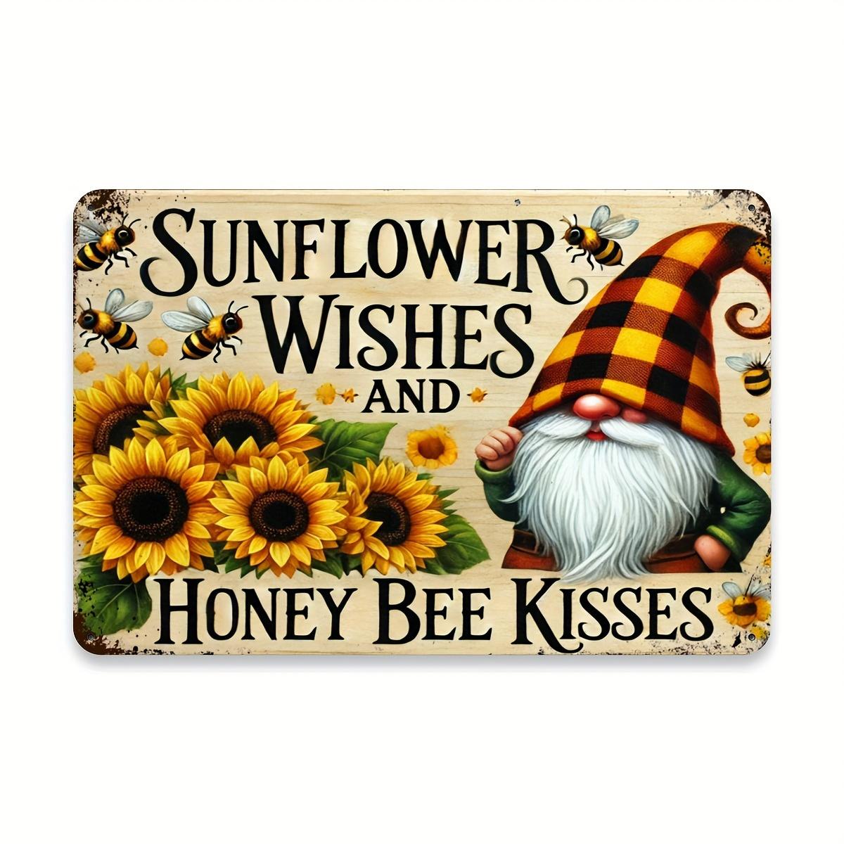 HD Metal Tin Sign Sunflower Wishes And Honey Bee Kisses Gnome Wall Decor Vintage Farmhouse Art Plaque For Home Kitchen 20x30cm（7.8x11.8inch）