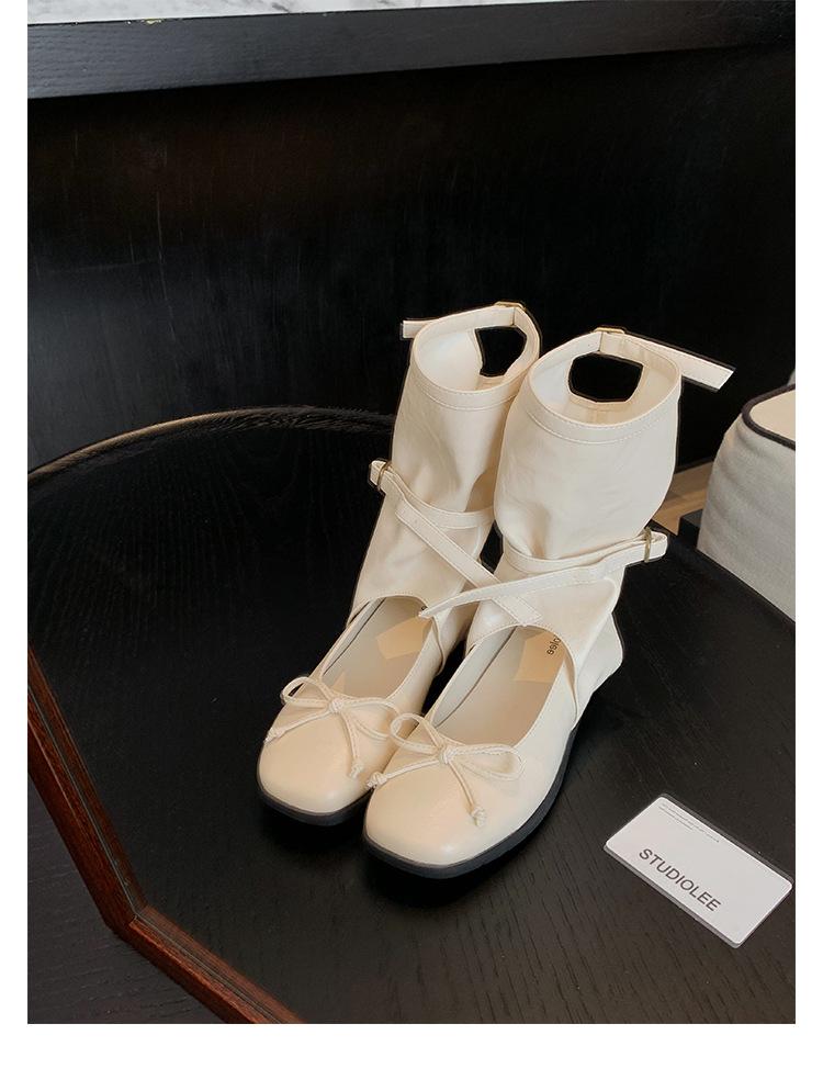 Lambskin heightening 5cm Maillard boots design sense round head bow cool boots ballet single shoes knight boots