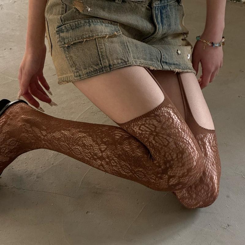 Women Sexy Sheer Fishnet Suspender Tights Garter Belt Pantyhose Hollowed Out Flower Pattern Colored Thigh High Stockings