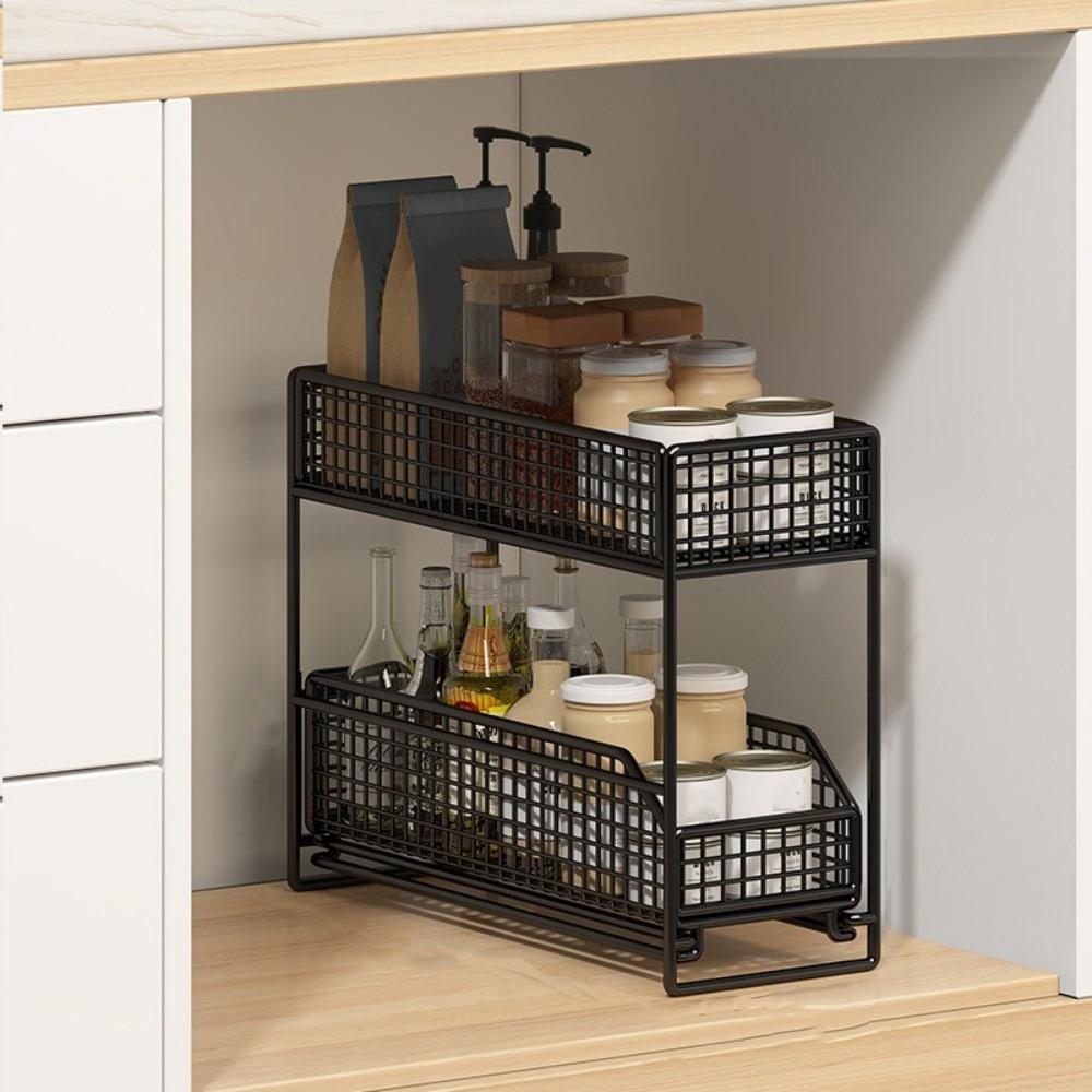 Iron Pull Out Storage Rack Stable Frame Sliding Cabinet Basket 2 Tier Storage Basket  Bathroom