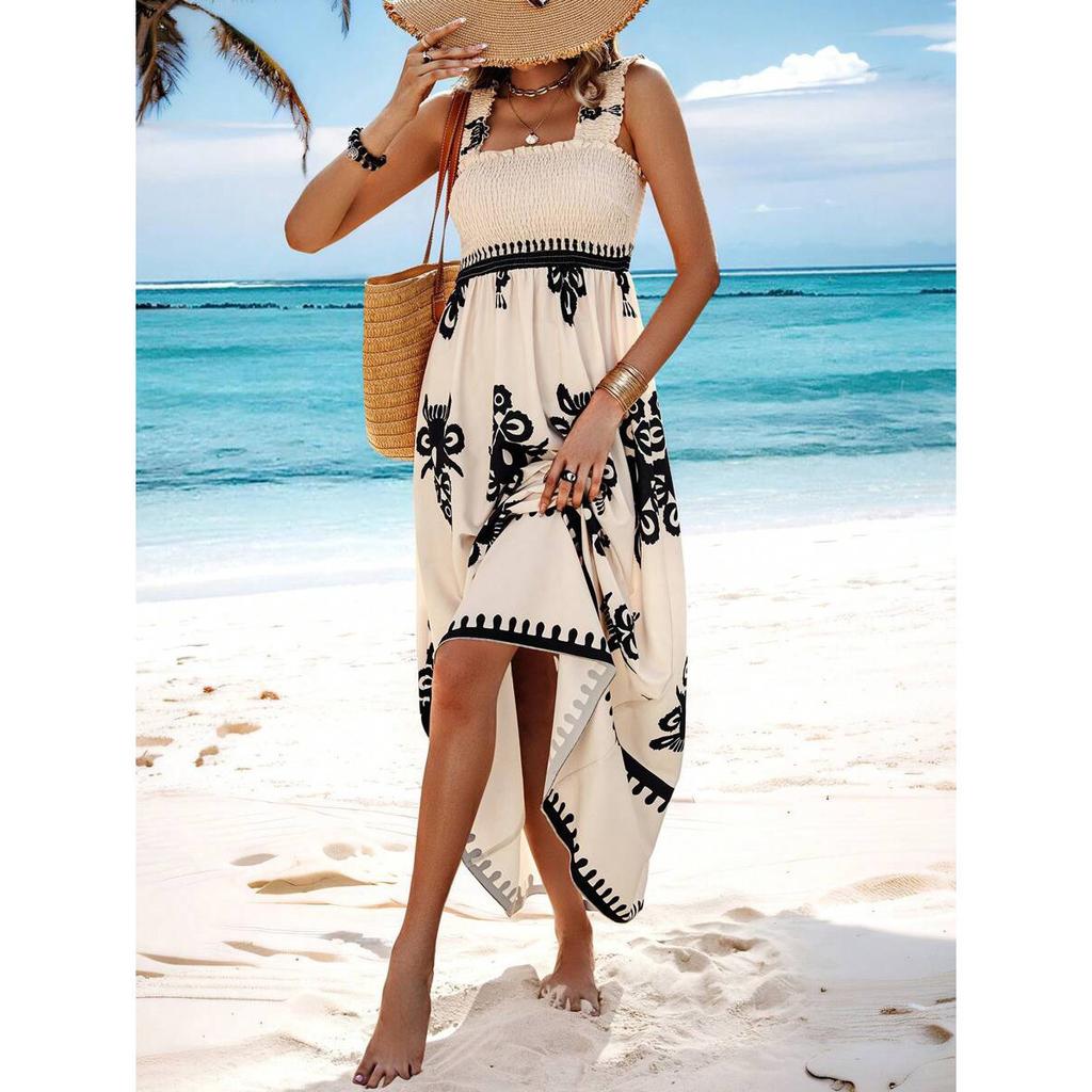 Women's Square Neck Sleeveless Maxi Dress Loose Fit High Waist Gentle Floral Print Summer Beach Vacation Flowy Boho Sundress
