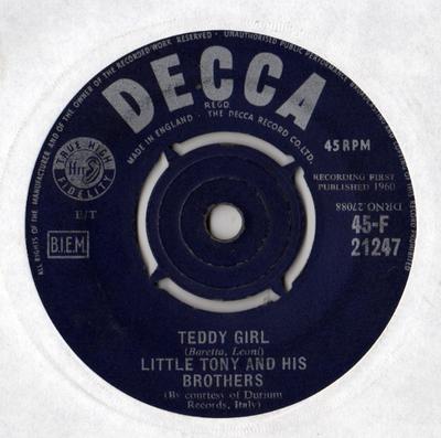7inch Record LITTLE TONY & HIS BROTHERS - Teddy Girl 45F21247 Decca 1960 UK Rock Used