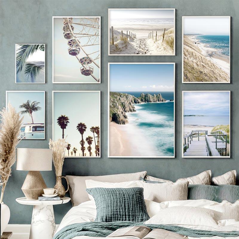 Ocean Poster Beach Sea Cliff Palm Tree Plank Road Canvas Painting Wall Art Nordic Landscape Ferris Wheel Print For Bedroom Decro