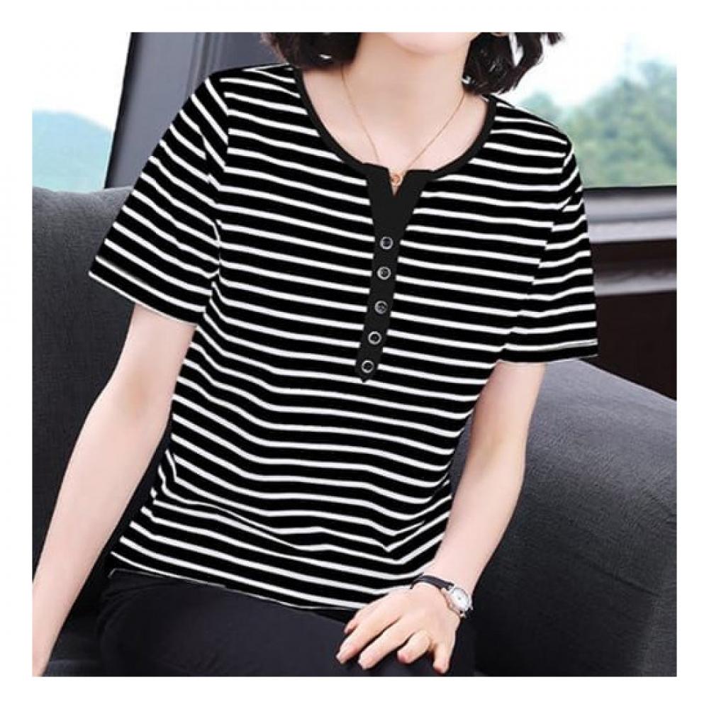 Navava NT1823 Casual STripe BuTTon Trim Neck ShorT Sleeve T shirT