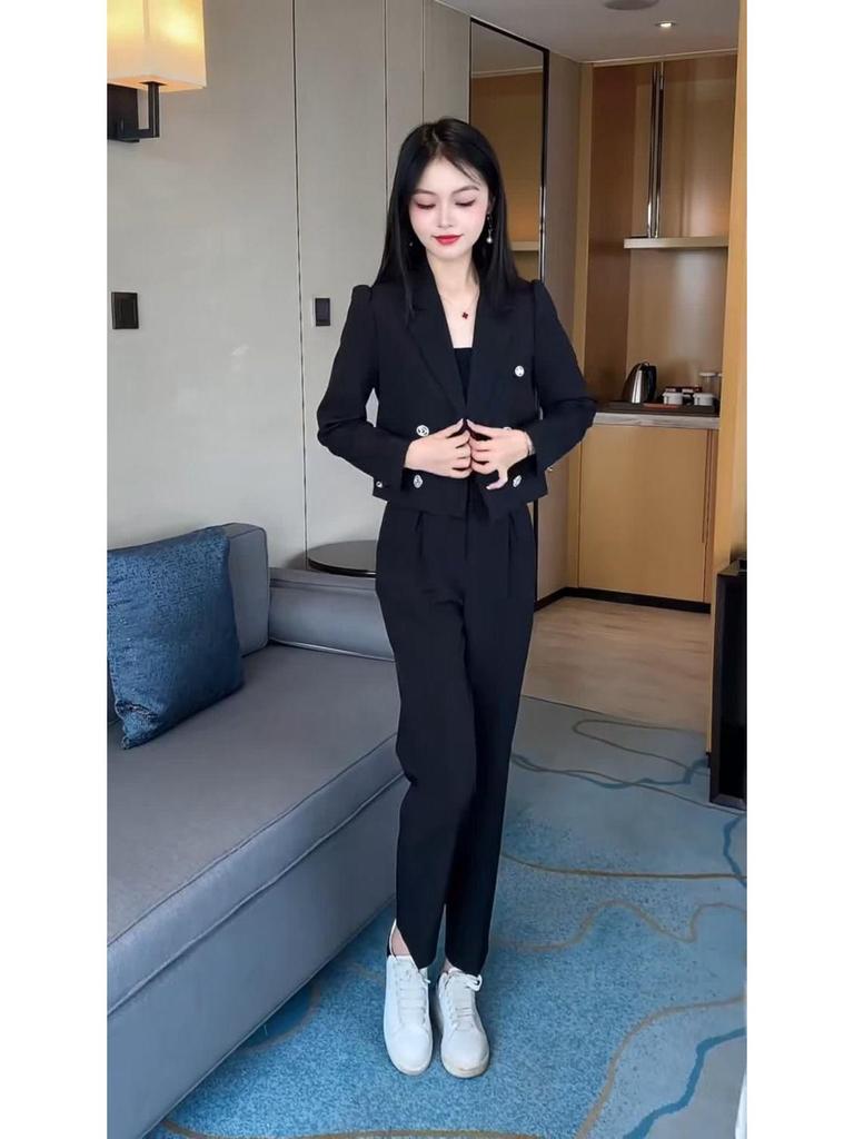 Women's 2023 Black Long Sleeve Suit & Pants Set - High-End Fashion for Spring/Autumn