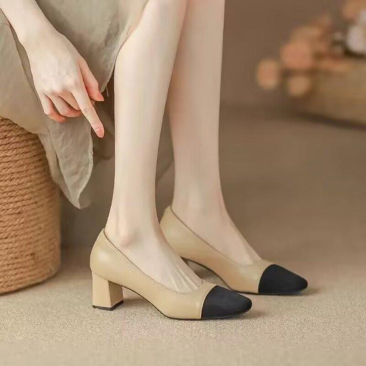 Soft leather color matching small fragrant style thick heel single shoes autumn 2025 French medium heel light mouth ladyshoes fairy French high heels