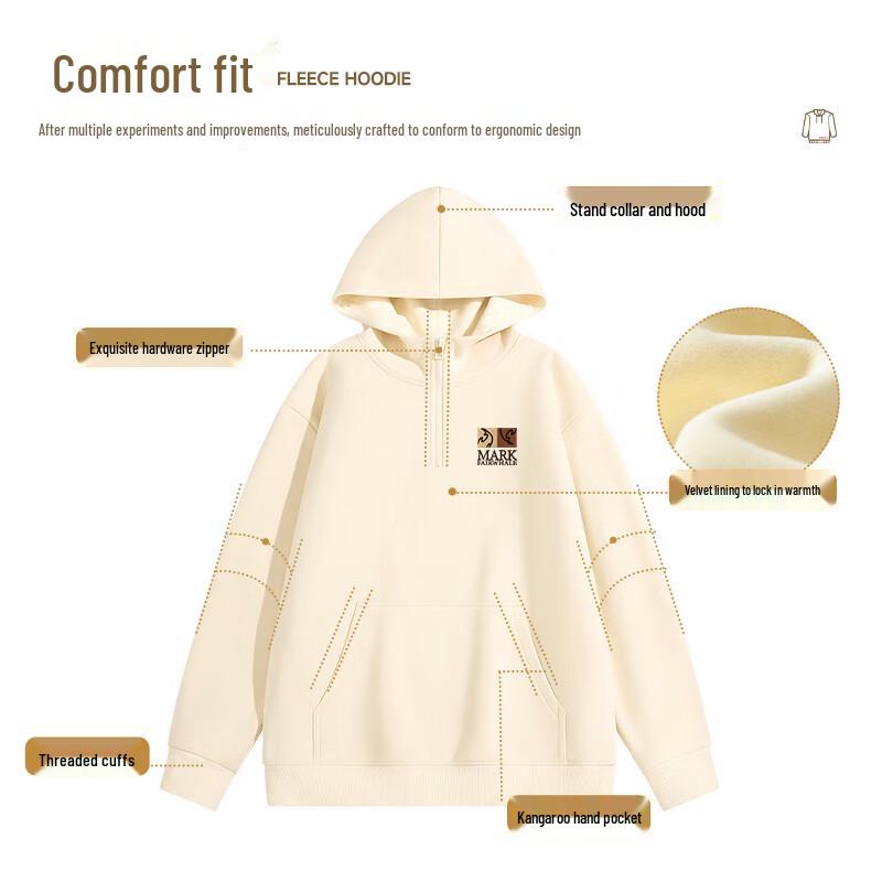 Mark Hua Fei Men's Heavyweight Oversize Half-Zip Fleece-Lined Hooded Sweatshirt