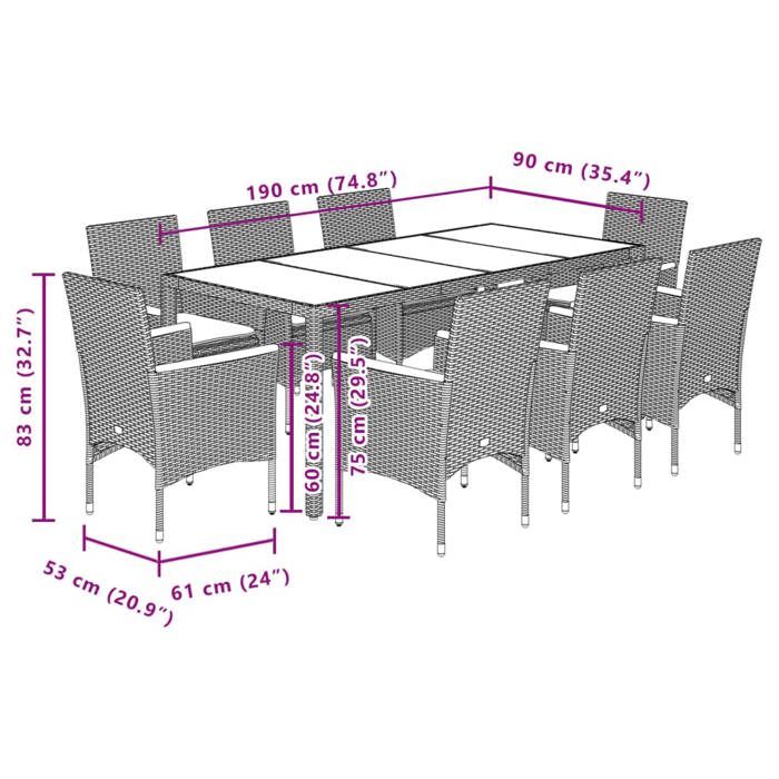 VidaXL Ensemble à manger de jardin et coussins 9 pcs gris rotin verre, ensemble de salle à manger d'extérieur, meuble de 3278656