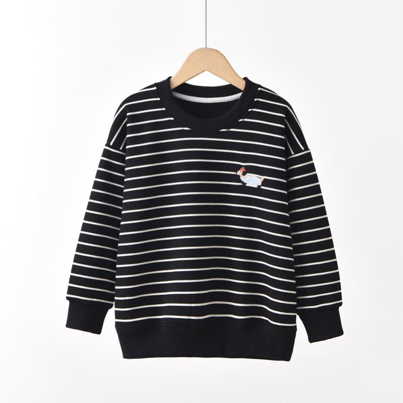 Winter Velvet Striped Hoodie for Toddlers & Kids, Embroidered Puppy, Long Sleeve, Round Neck, Japanese Style Loose Fit 120