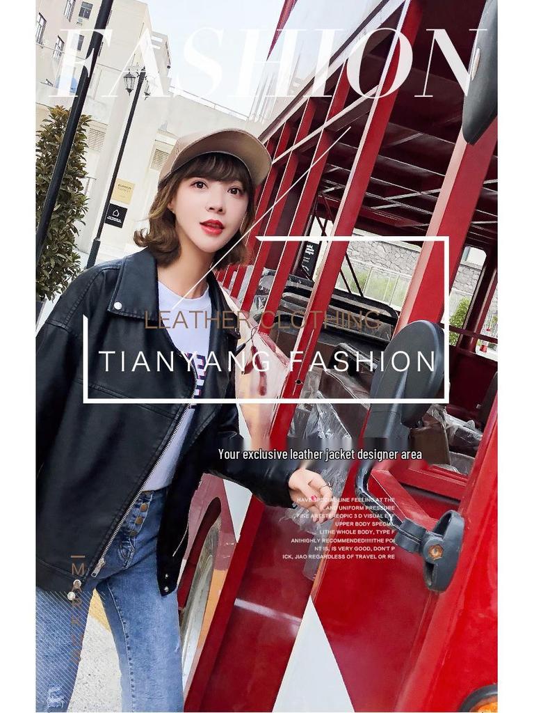 European & American Style Women's Motorcycle Leather Jacket with Oblique Zipper and Long Sleeves