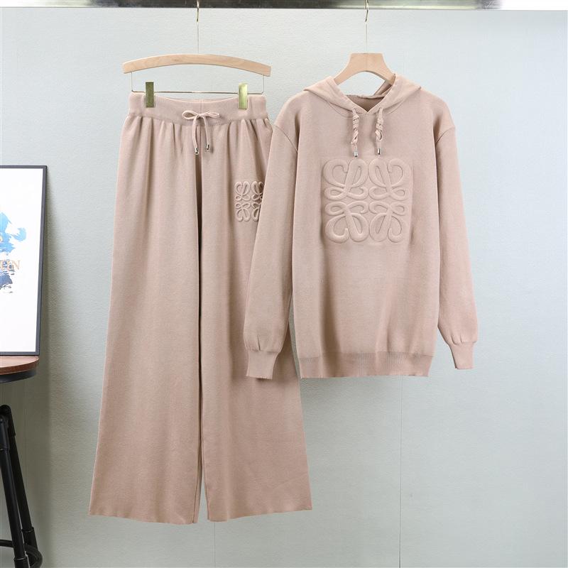 Hooded Knitted Sweater Women's Autumn Plus Size Lazy Fashion Ageing Wide-legged Pant Suit