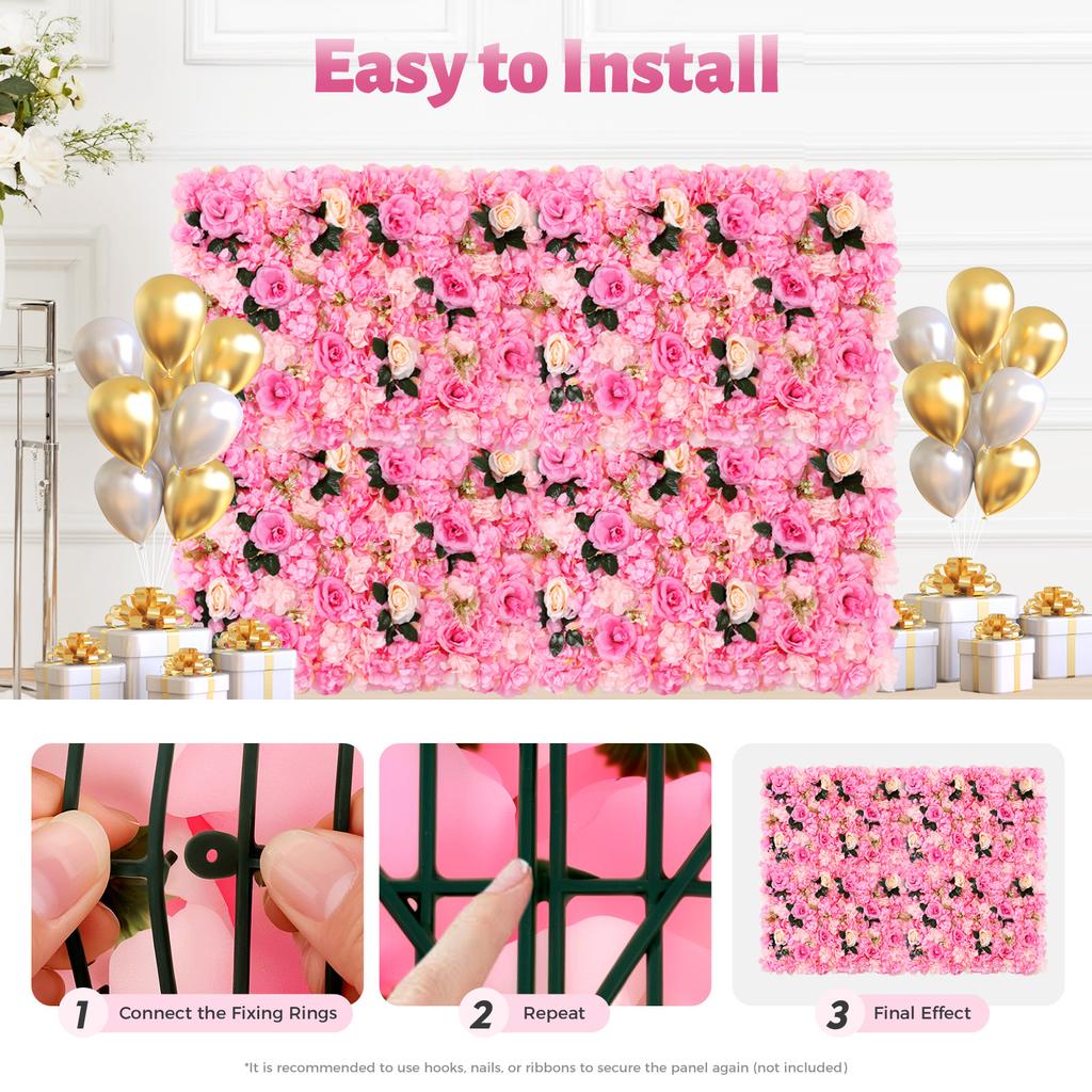 40 X 60 Cm 12Pcs Fake Rose Artificial Flower Wall Panels Set Silk Flowers Wedding Backdrop Home Party DIY Decoration (dark Pink)