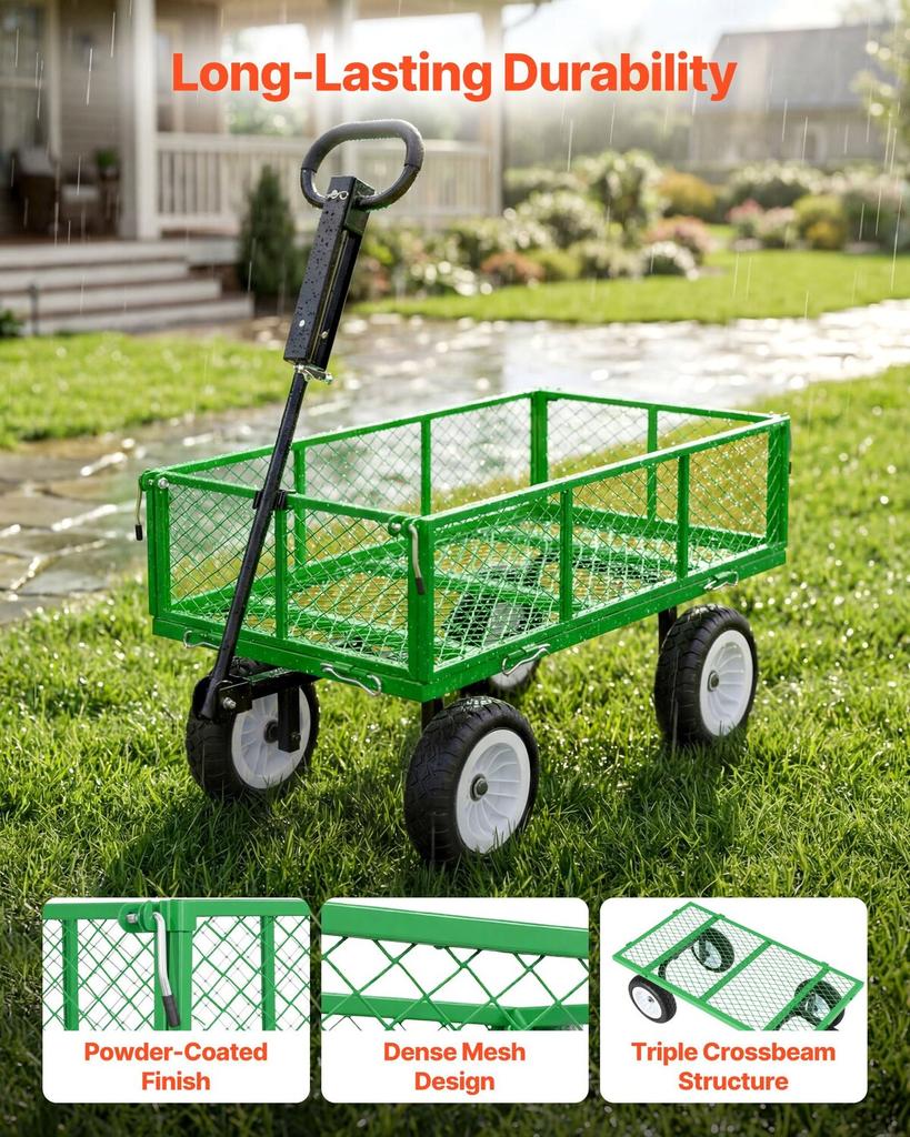 Garden Cart, 408.2 kg, Heavy Duty Steel Yard and Garden Utility Wagon with 10-Inch Tires, Outdoor Gardening Stool with Adjustable Handle, Detachable