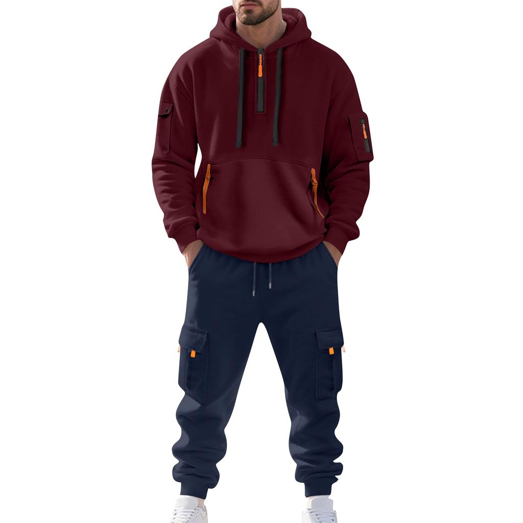 Men's Solid Color Casual Suit Loose Sports Hooded Sweatshirt With Pockets Multi Pocket Overalls Suit