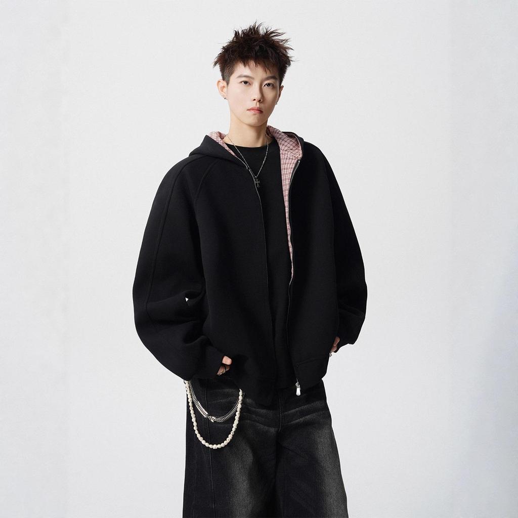 Splicing Plaid Sweater Men's Autumn High Street Hoodie Casual Couple Jacket