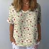 Women T-shirt V-neck Short Sleeve Flower Printed Tee Shirt Loose Fit Dropped Shoulder Sleeve
