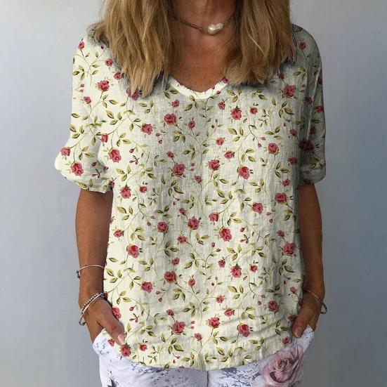 Women T-shirt V-neck Short Sleeve Flower Printed Tee Shirt Loose Fit Dropped Shoulder Sleeve