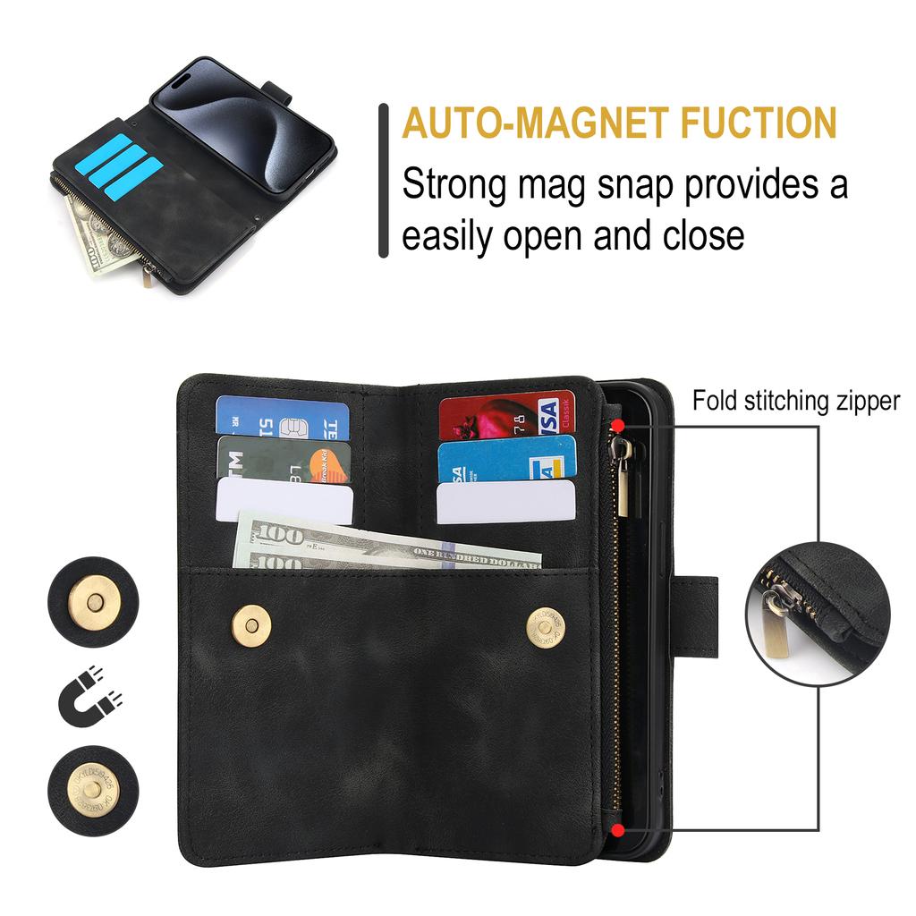 Peněženka 9 slotů na karty Flip Zipper Kožené pouzdro pro iPhone 16 15 Plus 14 13 12 11 Pro Max XR X Samsung S24 S23 S22 S21 Ultra Plus FE A15 A55 A14 A34 A54