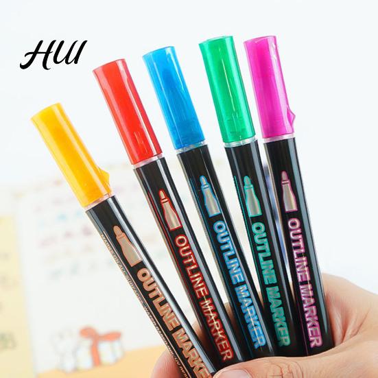 Radiating Lines Markers Dual-Tip Metallic Outline Pens Fluorescent Marker with Colorful Borders Paint Smooth Tip Highlighters for Cards Crafts & Notes