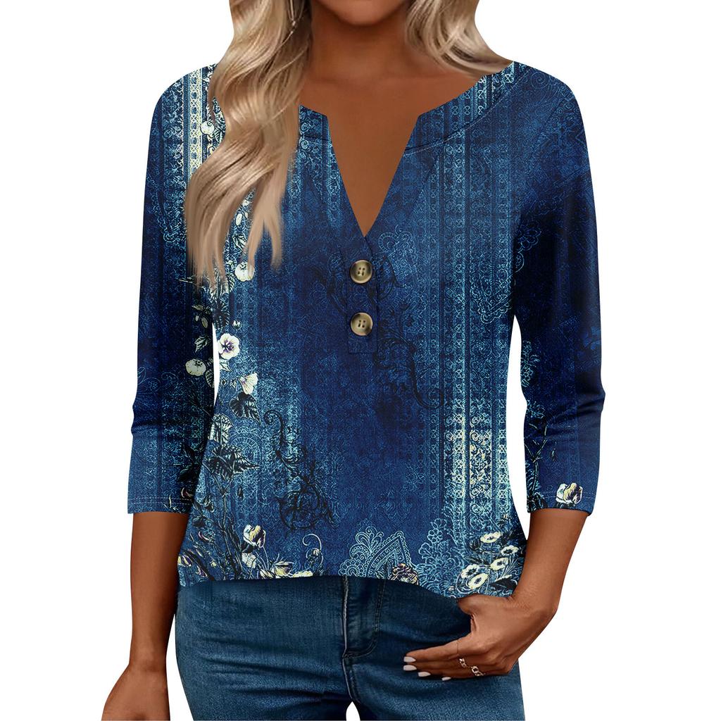 3/4 Ermer Dames Topper For Kvinner Henely Topper Knapper V-hals Løs Passform Pyntet Damesommertopper