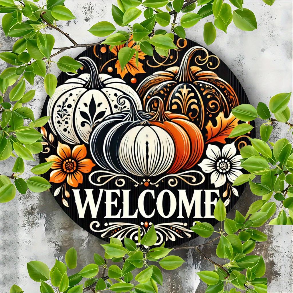 Pumpkin Wreath Aluminum Sign. Black & white striped decor for Halloween & Christmas.