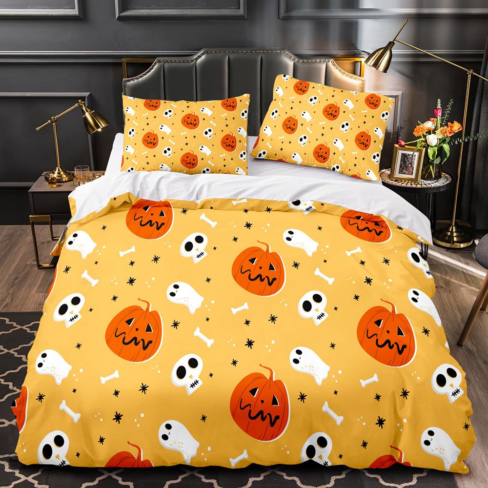 Vintage Halloween Duvet Cover Set, Halloween Cartoon Jack O' Lantern Tombstone Skulls and Bones 2/3pcs Polyester Bedding Set