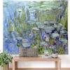Boho Naturteich Wandteppich Wandbehang Blaue Seerosen Floral Aquarell Polyester Heimdekoration Kunst