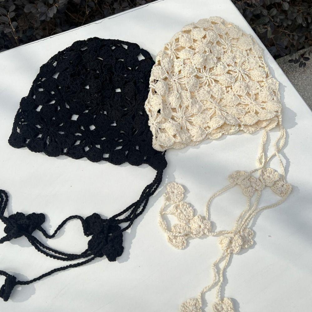 Tassel Hollowed Out Knitted Hat Floral Bohemian Style Beanies Cute Weave Cap Apparel Accessories