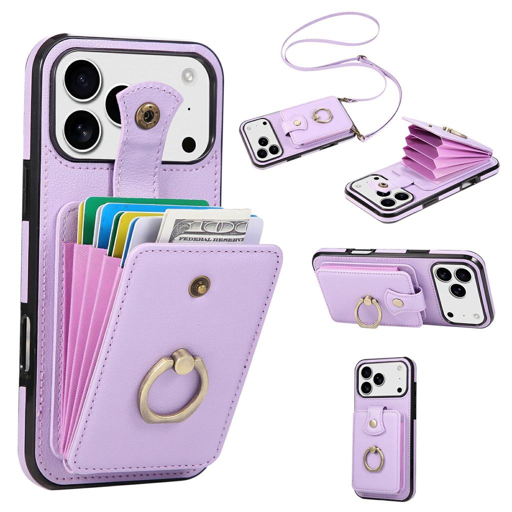 For iPhone 17 Pro Max Case Card Holder Ring Kickstand TPU+PU Leather Phone Cover with Long Strap