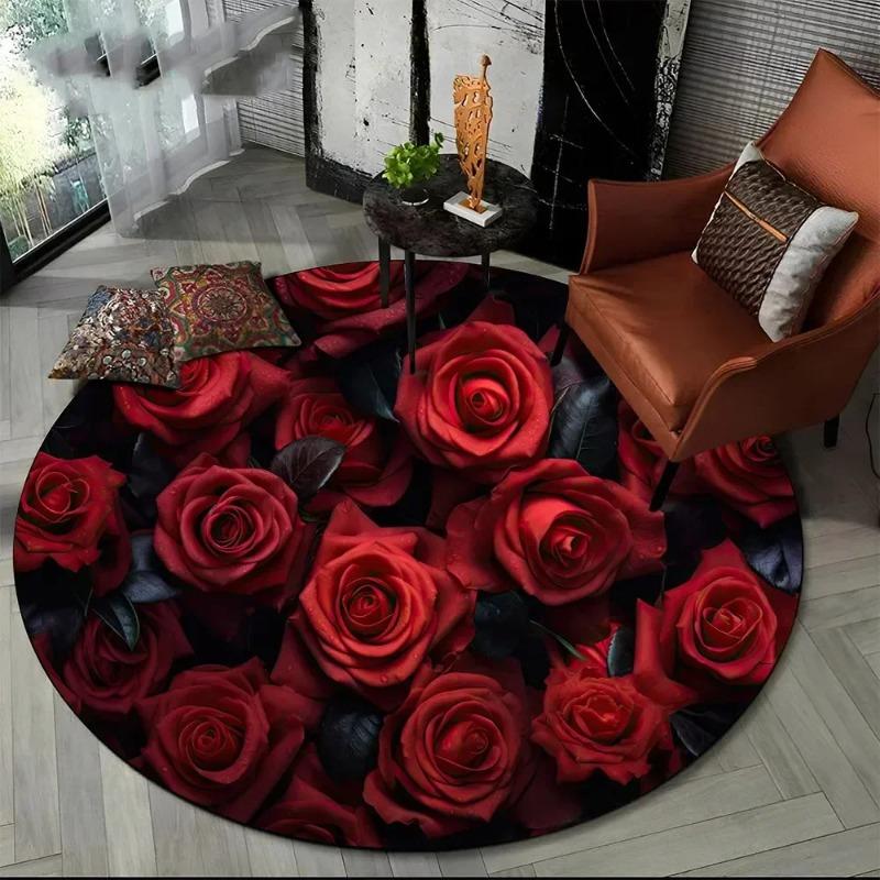 Lucky Red Rose Printed Round Carpet Anti Slip and Easy To Clean Ideal Carpet for Home or Vacation Homes Durable and Affordable
