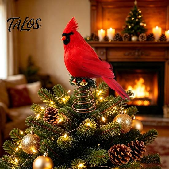 Reusable Artificial Feather Birds 12 Inch Red Bird Christmas Tree Topper, Feathered Ornament for Holiday with Metal Spring Base, Winter Wedding