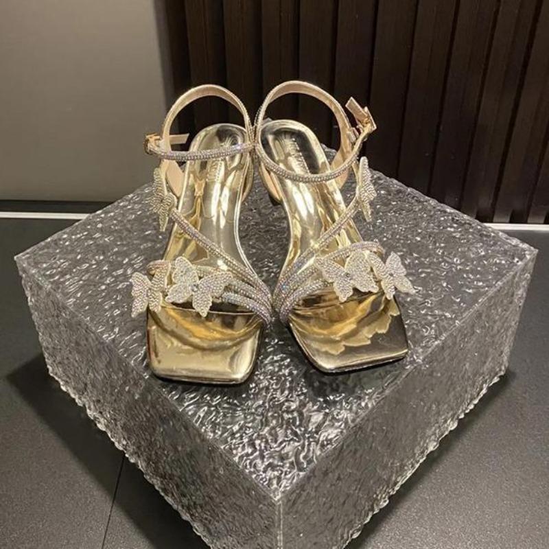 Rhinestone Butterfly Ankle Strap Women Sandals Summer Size 40 French Mid Heel Female Outwear Party Dress Shoes Zapatos De Mujer