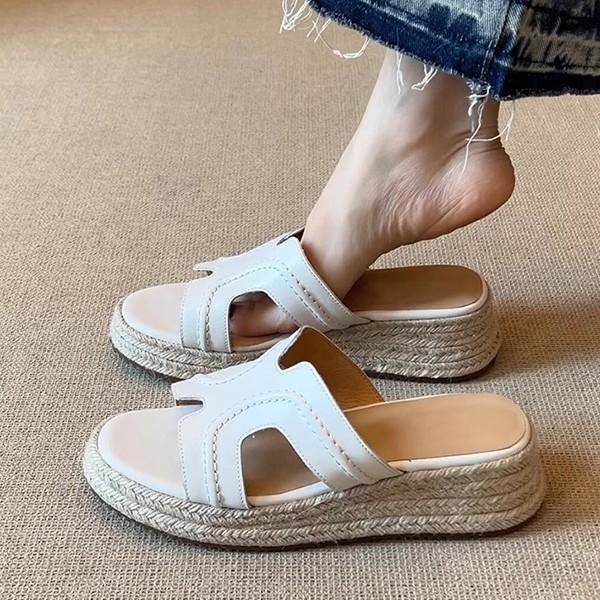 Sheepskin Version~ Genuine Leather Retro Round Head Thick-soled One-word Slippers for Women's Summer Wear Straw Muffin Shoes, High-heeled Cool Slippe