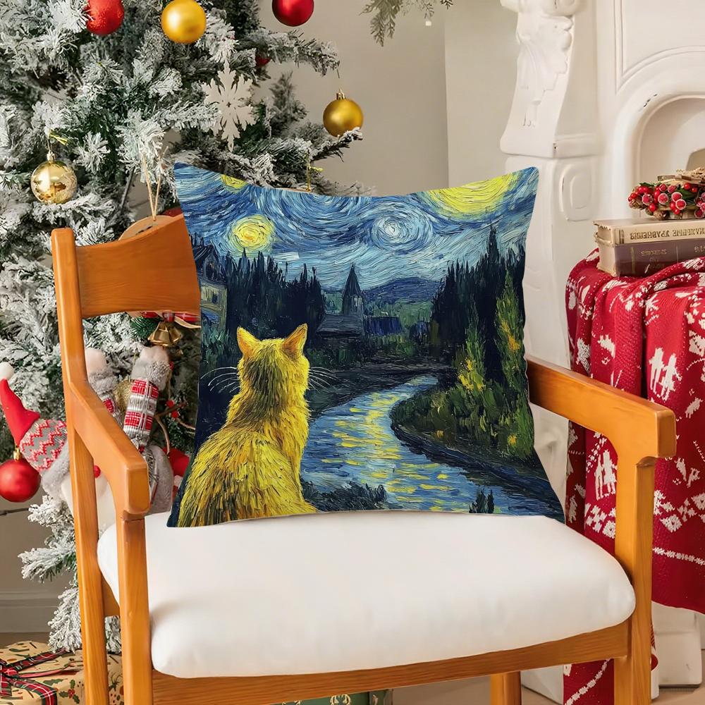 VVan Gogh Starry Sky Oil Painting Pillow Case Silky Short Plush With Invisible Zipper Dustproof Sofa Cushion Cover