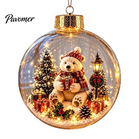 Weihnachtsbaumschmuck Story Ornament, 8 cm Kugel-Hängedekoration mit Mini-Feiertagsszene, Bruchfeste Kugeln im Inneren, Klarer Kunststoff-Weihnachtsanhänger