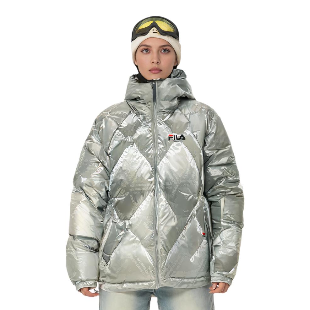 Fila Fusion Logo Print Loose Hooded Puffer Jacket Women outerwear Bright-Silver T11W141908F-SL