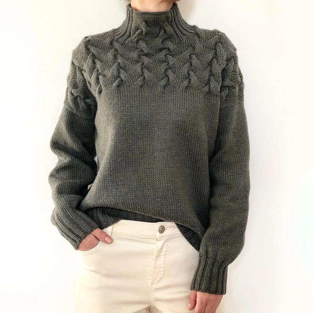 Damen Pullover mit Zopfmuster, hohem Kragen und langen Ärmeln
