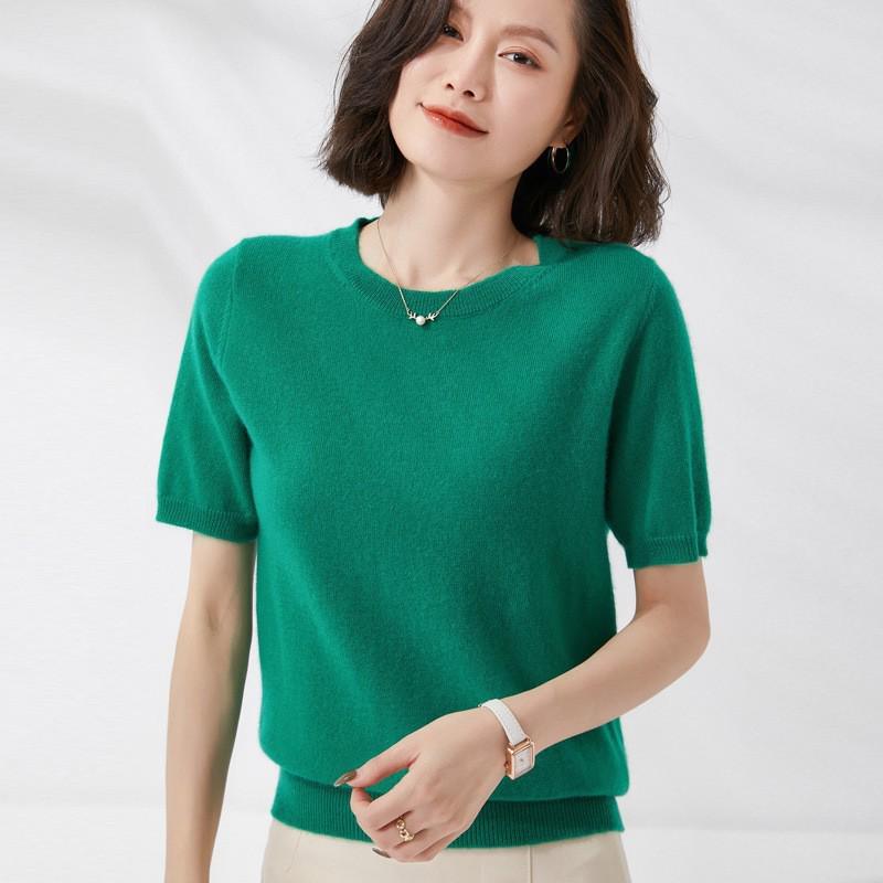 2025 Spring/Autumn Women's Knitwear: Short Sleeve Wool Cardigan with Round Neck