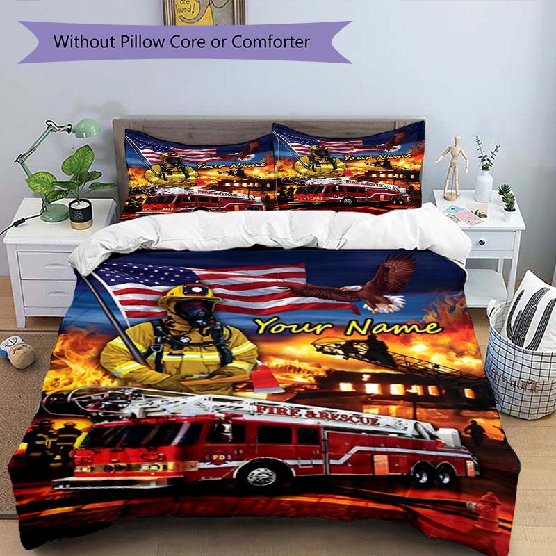 3PC Custom Name Firefighter Pride Bedding Set Duvet Cover Closure Includes 1 Duvet Cover & 2 Pillowcases for Bedroom