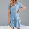 Women's Summer Single-Breasted Loose-Fit Short-Sleeve Pocket Dress with Ruffled Hem, Casual Dress