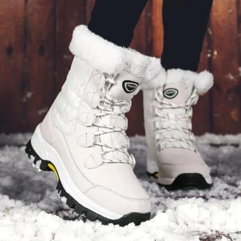 Warm Women's Boots Plush Outdoor Female Snow Boots Plus Sized Non-slip Mid-caslf Boots Lace-up Women Cotton Shoes Winter Zapatos