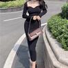 Square Neck Ribbed Thicken Warm Knitted Dresses Women Long Sleeve High Stretch Basic Bodycon Dress Streetwear