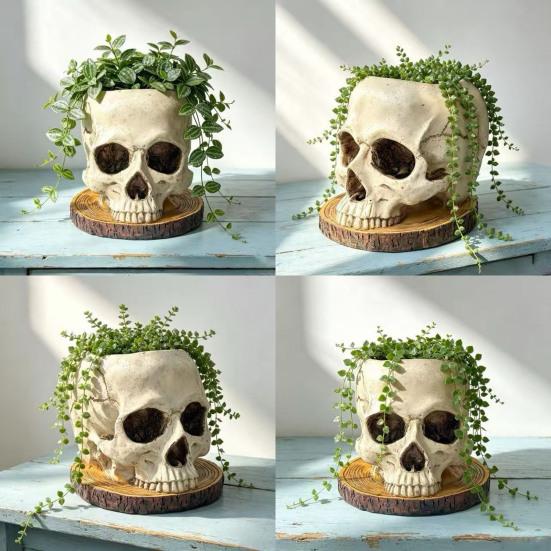 Decorative Resin Ornament Halloween Retro Skull Planter, Spooky Gothic Human Head Flower Pot, Indoor Potted Plant Pot Skeleton Candy Bowl Decoration