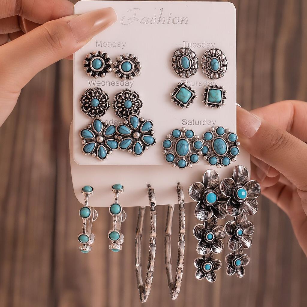 European and American Exaggerated Retro Bohemian Style Oval Geometric Flower Elements Ethnic Style Tourism Turquoise Suit